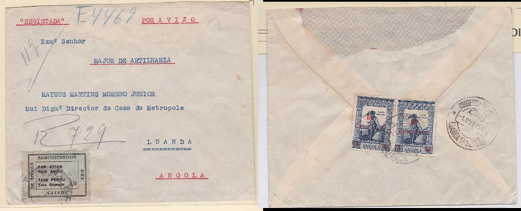 1088.jpg -     Lote:    1088            Angola       Descrição:         1945 &mdash; Sobretaxa do correio aéreo. Legenda TAXE PERCUE / TAXA COBRADA. Sobrescrito circulado registado de Nova Lisboa (26.09.45) para Luanda (01.10.45) com par de selos de 50C s/ 1$75 CE289 e 2,70Ag CE SCA4.        Carta       Valor Base:     &euro; 20,00     Valor Venda:     &euro; 20,00       