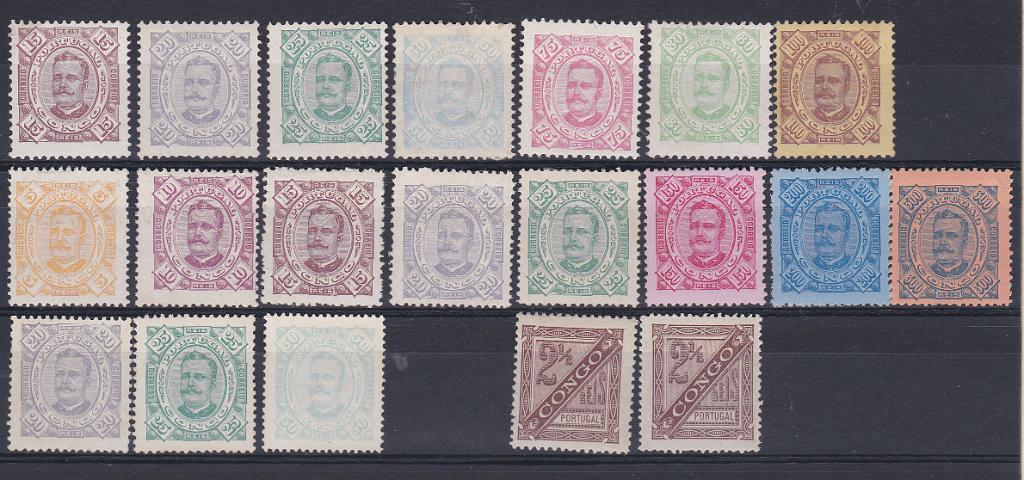 1093.jpg -     Lote:    1093            Congo       Descrição:         1894 &mdash; D. Carlos I, tipo Diogo Neto. CE 1/13. Séries completas em papel liso e porcelana, nos denteados 11 &frac12; e 12 &frac12; + selos de 20 e 25 reis em papel pontinhado 12 &frac12; e 50 reis em 13 &frac12;. Valor de catálogo &euro; 224,80.        **/*       Valor Base:     &euro; 40,00     Valor Venda:     &euro; 50,00       