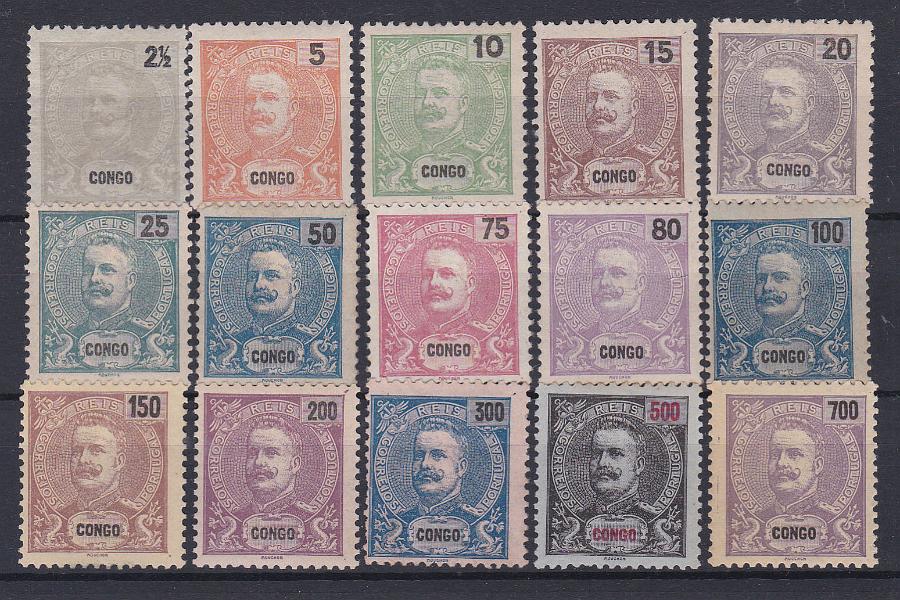 1094.jpg -     Lote:    1094            Congo       Descrição:         1898/1901 &mdash; D. Carlos I Mouchon. CE 14/28. Série completa com selos novos com goma original e selos sem goma original. Valor de catálogo &euro; 157,00.        **/ (*)       Valor Base:     &euro; 30,00     Valor Venda:     &euro; 30,00       