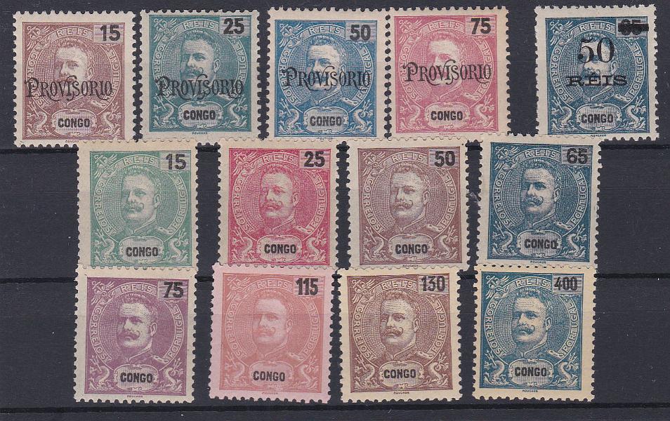 1096.jpg -     Lote:    1096            Congo       Descrição:         1902/05 &mdash; D. Carlos I Mouchon, com sobrecarga PROVISORIO + D. Carlos I. Novas cores e valores + D. Carlos I, com sobretaxa. CE42/45 + CE 46/53 + CE54. As três séries completas. Valor de catálogo &euro; 117,50.        **/ (*)       Valor Base:     &euro; 25,00     Valor Venda:     &euro; 75,00       