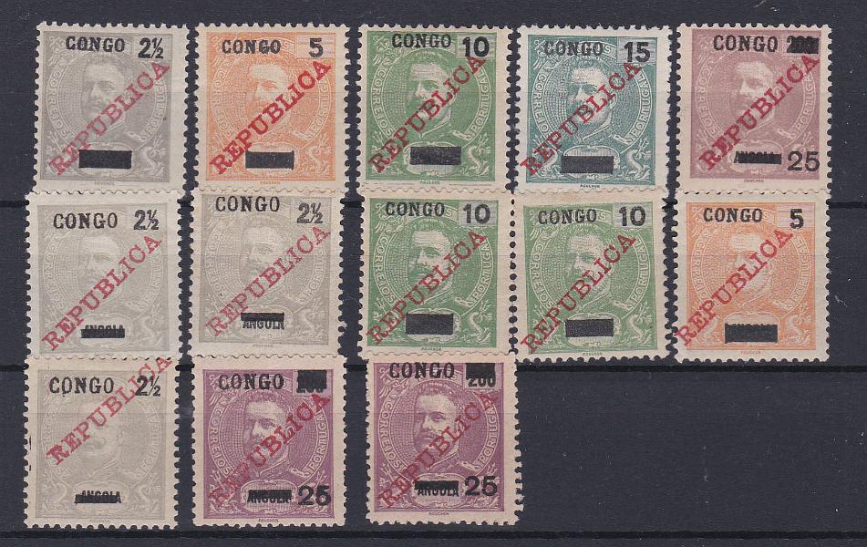 1097.jpg -     Lote:    1097            Congo       Descrição:         1910/11 &mdash; D. Carlos I. Selos de Angola, com sobrecargas "CONGO" e "REPUBLICA", tipografadas localmente. CE 55/59. Série completa + oito selos com variedades nas sobrecargas. Lote interessante.        **       Valor Base:     &euro; 15,00     Valor Venda:     Retirado     