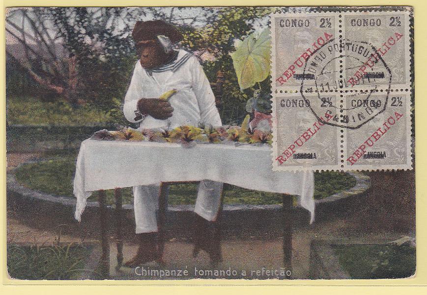 1098.jpg -     Lote:    1098            Congo       Descrição:         1910/11 &mdash; D. Carlos I. Selos de Angola, com sobrecargas "CONGO" e "REPUBLICA", tipografada localmente. CE55, 2 &frac12; reis, com traço fino (tipo II). Quadra em postal ilustrado circulado de Cabinda (11.07.11) para Lisboa (02.08.11I. B e MR.        PI       Valor Base:     &euro; 10,00     Valor Venda:     Retirado     