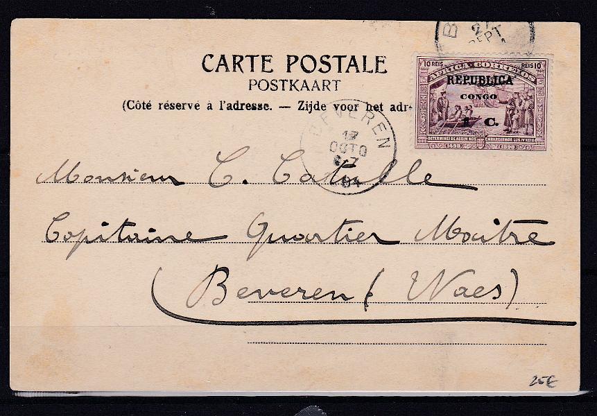1099.jpg -     Lote:    1099            Congo       Descrição:         1913 &mdash; 4.º Centenário do Descobrimento do Caminho Marítimo para a Índia, som sobretaxa sobre selos de África. CE77, 1C s/ 10 reis em postal ilustrado lançado a bordo de Paquete com selo obliterado em Boma (27.09.14) para Beveren (17.10.14). B e MR.        PI       Valor Base:     &euro; 75,00     Valor Venda:     Retirado     