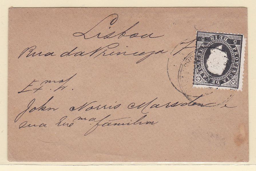 1103.jpg -     Lote:    1103            Cabo Verde       Descrição:         1886 &mdash; D. Luís I. Fita direita. CE15, 5 reis preto, denteado 12 &frac12;, em sobrescrito de reduzidas dimensões (cartões de visita), circulado de S. Vicente para Lisboa 22.01.94). Franquia correspondente ao primeiro porte de impressos para Portugal. R.        Carta       Valor Base:     &euro; 200,00     Valor Venda:     &euro; 200,00       
