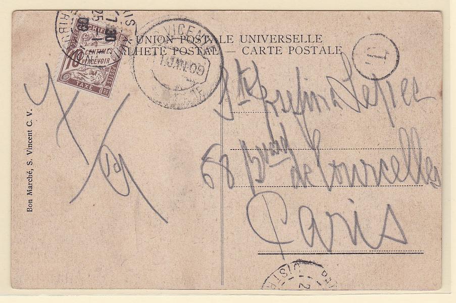 1106.jpg -     Lote:    1106            Cabo Verde       Descrição:         1909 &mdash; Postal ilustrado remetido de S. Vicente (11.01.09) para Paris (25.01.09) sem franquia. Porteado com selo de 10c.        PI       Valor Base:     &euro; 20,00     Valor Venda:     Retirado     
