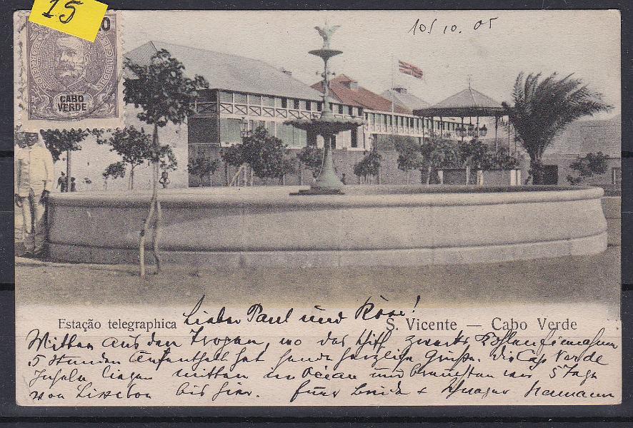 1108.jpg -     Lote:    1108            Cabo Verde       Descrição:         1898 &mdash; D. Carlos I Mouchon. CE41, 20 reis em postal ilustrado (Estação Telegraphica), circulado de S. Vicente (09.10.05) para Berlim.        PI       Valor Base:     &euro; 12,00     Valor Venda:     Retirado     