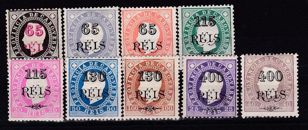 1109.jpg -     Lote:    1109            Cabo Verde       Descrição:         1902 &mdash; D. Luís I. Fita direita, com sobretaxa. CE 52/60. Série completa. Alguns selos sem goma como emitidos. Valor de catálogo &euro; 76,00.        **/*       Valor Base:     &euro; 20,00     Valor Venda:     Retirado     