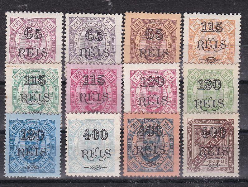 1110.jpg -     Lote:    1110            Cabo Verde       Descrição:         1902 &mdash; D. Carlos I Diogo Neto, com sobretaxa. CE 61/72. Série completa. Selo de 400 s/ 50 reis sem goma e 115 s/ 25 reis com ponto de óxido. Restantes MB. Valor de catálogo &euro; 103,00.        **       Valor Base:     &euro; 20,00     Valor Venda:     Retirado     