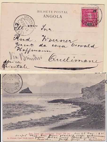 1111.jpg -     Lote:    1111            Cabo Verde       Descrição:         1903 &mdash; D. Carlos I Mouchon. CE78, 25 reis, em postal ilustrado circulado de S. Vicente (30.11.03) para Quelimane (23.01.04) com trânsito por Moçambique (17.01.04), via Brindisi. Rara circulação.        PI       Valor Base:     &euro; 30,00     Valor Venda:     Retirado     