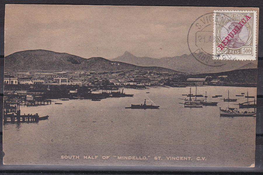 1114.jpg -     Lote:    1114            Cabo Verde       Descrição:         1910 &mdash; D. Manuel II, com sobrecarga REPUBLICA. CE112, 500 reis em postal ilustrado circulado em S. Vicente (21.03.23): Selo de recurso, provavelmente exemplar de cortesia.        PI       Valor Base:     &euro; 20,00     Valor Venda:     Retirado     
