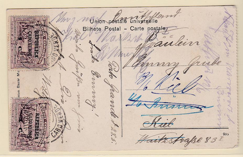1115.jpg -     Lote:    1115            Cabo Verde       Descrição:         1913 &mdash; 4.º Centenário do Descobrimento do Caminho Marítimo para a Índia, com sobrecarga REPUBLICA e sobretaxa, sobre selos de Timor. CE131 1C s/ 10 reis. Dois selos em postal ilustrado circulado de S. Vicente (21.05.14) para Kiel e reexpedido para diferentes moradas.        PI       Valor Base:     &euro; 32,00     Valor Venda:     &euro; 32,00       