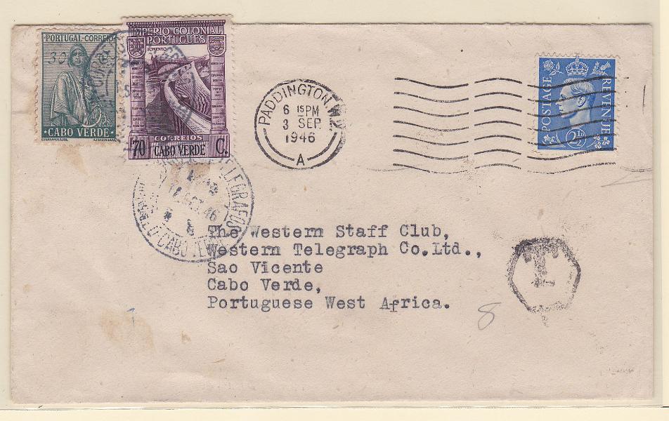 1118.jpg -     Lote:    1118            Cabo Verde       Descrição:         1933/38 &mdash; Ceres + Império Colonial Português. Sobrescrito circulado de Paddington (03.09.46) para S. Vicente (17.09.46) com insuficiência de franquia. Porteado com o dobro do porte em falta com selos Ceres de 30 C CE177 e 70C Império Colonial CE228. Ambos usados como selos de recurso do porteado. MB e MR.        Carta       Valor Base:     &euro; 100,00     Valor Venda:     &euro; 100,00       