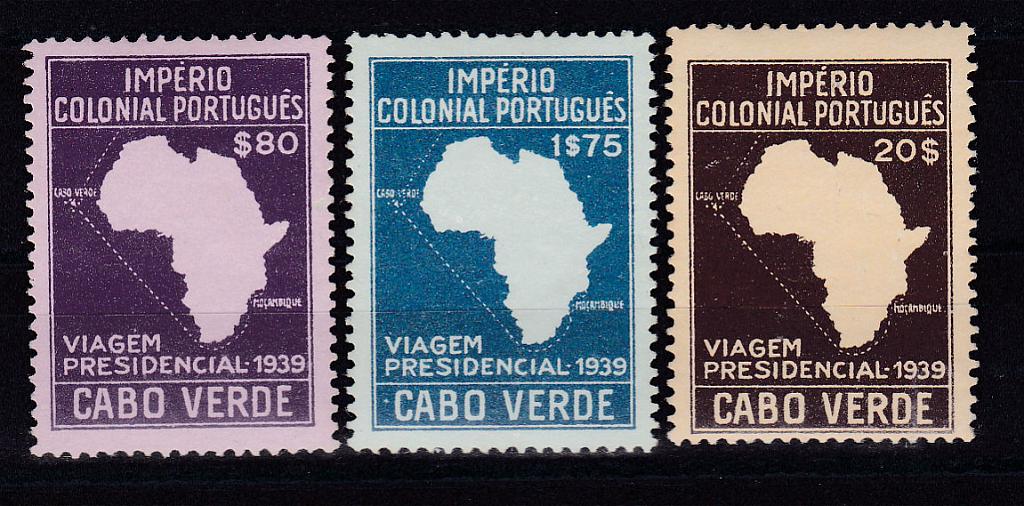 1122.jpg -     Lote:    1122            Cabo Verde       Descrição:         1939 &mdash; Segunda Viagem Presidencial às Colónias. CE 236/238. Série completa. Valor de catálogo &euro; 210,00.        **       Valor Base:     &euro; 40,00     Valor Venda:     Retirado     