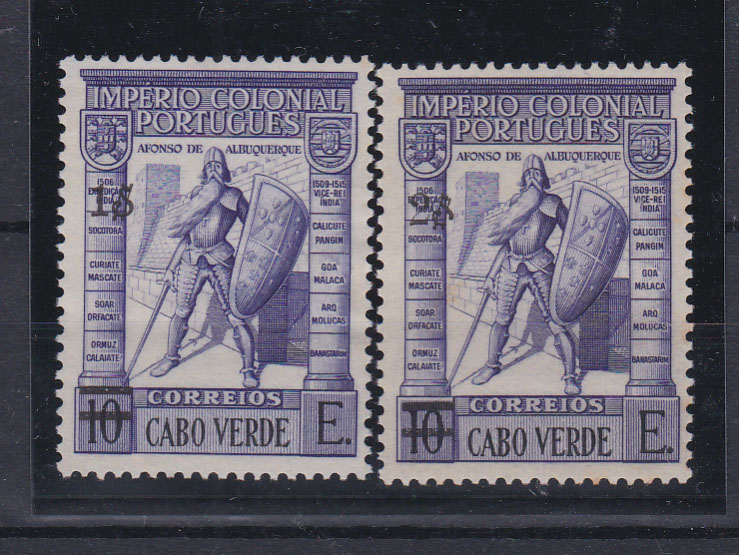 1124.jpg -     Lote:    1124            Cabo Verde       Descrição:         1951 &mdash; Império Colonial Português, com sobretaxa. CE259, 1$00 s/ 10E. Selo com erro de 1$00 em vez de 2$00. Acompanha selo normal para comparação. Valor de catálogo &euro; 220,00. MR.        *       Valor Base:     &euro; 90,00     Valor Venda:     &euro; 170,00       