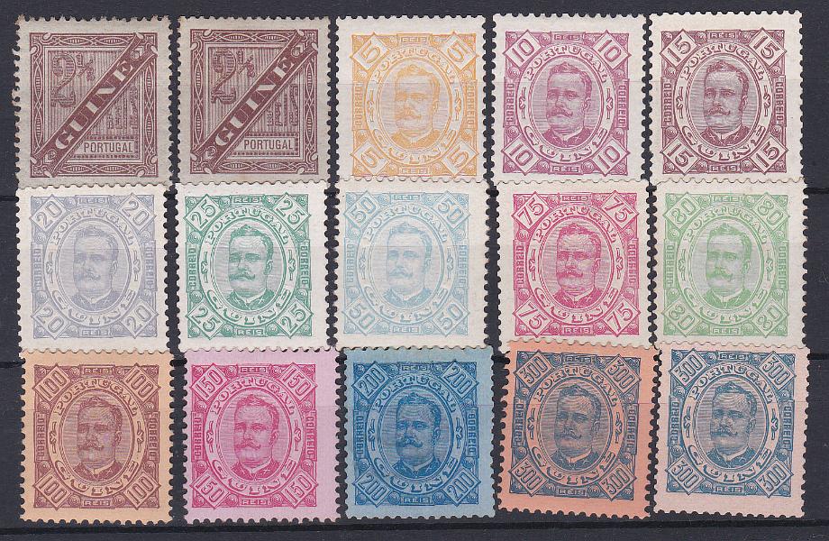 1127.jpg -     Lote:    1127            Guiné       Descrição:         1893/94 &mdash; D. Carlos I, tipo Diogo Neto. CE 34/46. Série completa + dois selos repetidos de 2 &frac12; e 300 reis. Selos com goma e sem goma. Lote a ver. Valor de catálogo &euro; 199,60.        **/*       Valor Base:     &euro; 35,00     Valor Venda:     Retirado     
