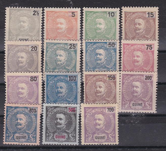 1128.jpg -     Lote:    1128            Guiné       Descrição:         1898/1901 &mdash; D. Carlos I Mouchon. CE 47/61. Série completa. Selos de 80 e 500 reis sem goma. Valor de catálogo &euro; 195,00.        **/*       Valor Base:     &euro; 35,00     Valor Venda:     Retirado     