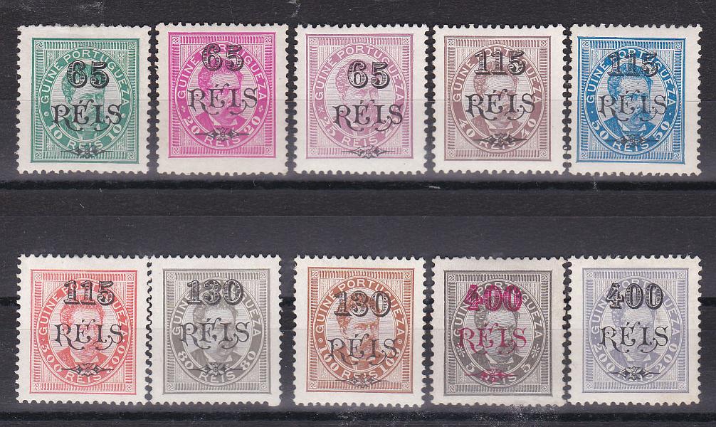 1130.jpg -     Lote:    1130            Guiné       Descrição:         1902 &mdash; D- Luís I, com sobretaxa. CE 62/71. Série completa em denteado 12 &frac12;, com excepção CE68 em denteado 13 &frac12;. MB. Valor de catálogo &euro; 275,00.        **       Valor Base:     &euro; 70,00     Valor Venda:     Retirado     