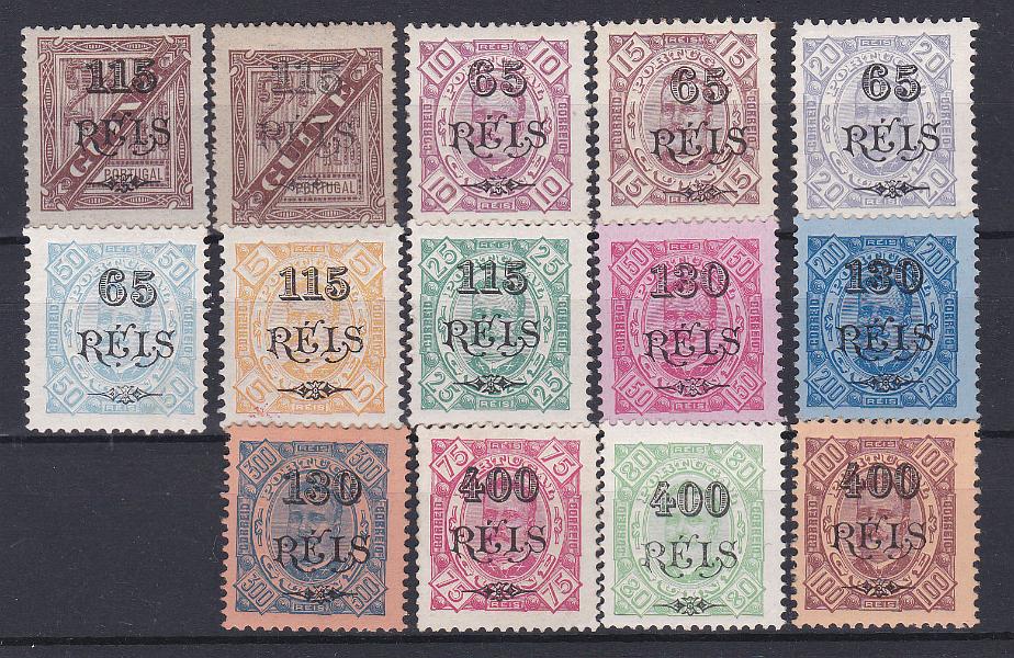 1131.jpg -     Lote:    1131            Guiné       Descrição:         1902 &mdash; D. Carlos I tipo Diogo Neto, com sobretaxa. CE 72/83. Série completa + selo de 115 s/ 2 &frac12; reis em denteado 13 &frac12;. Dois selos com goma não original. Valor de catálogo &euro; 167,90.        **       Valor Base:     &euro; 25,00     Valor Venda:     &euro; 25,00       
