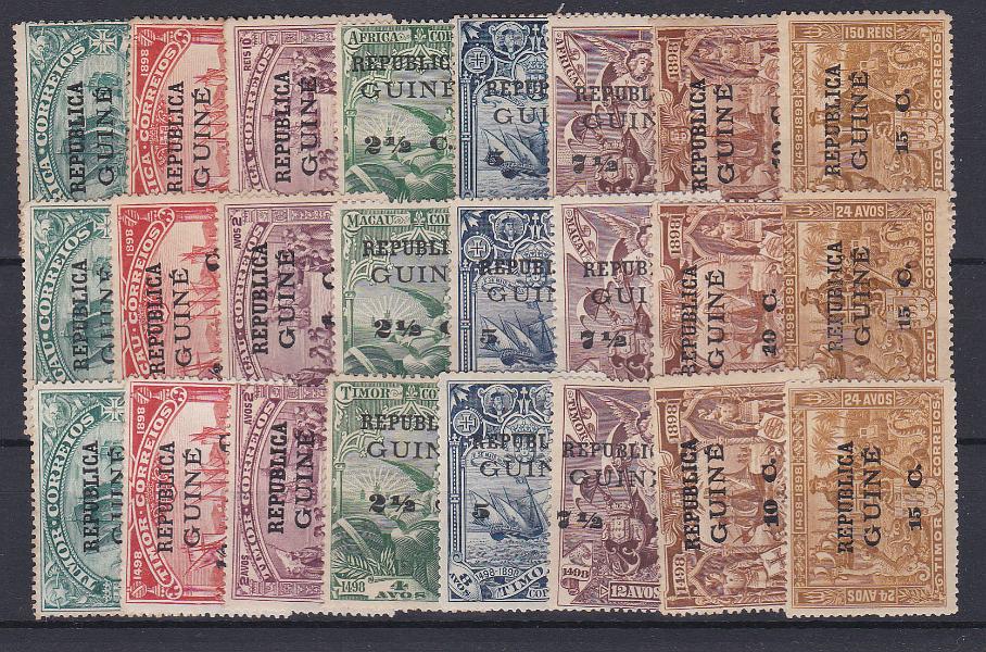 1132.jpg -     Lote:    1132            Guiné       Descrição:         1913 &mdash; 4.º Centenário do Descobrimento do Caminho Marítimo para a Índia, com sobrecarga e sobretaxa, sobre selos de África, Macau e Timor. CE113/136. As três séries completas. Valor de catálogo &euro; 205,00.        **       Valor Base:     &euro; 40,00     Valor Venda:     Retirado     