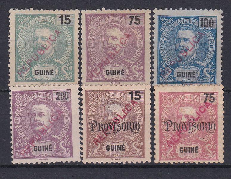 1135.jpg -     Lote:    1135            Guiné       Descrição:         1913 &mdash; D. Carlos I, com sobrecarga REPUBLICA local. CE 137/142. Série completa. Valor de catálogo &euro; 210,00.        *       Valor Base:     &euro; 40,00     Valor Venda:     &euro; 55,00       