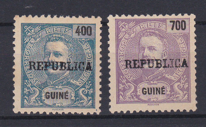 1136.jpg -     Lote:    1136            Guiné       Descrição:         1919 &mdash; D. Carlos I, com sobrecarga REPUBLICA local. Letras com serifa. CE 172/73. Série completa. Valor de catálogo &euro; 115,00.        *       Valor Base:     &euro; 20,00     Valor Venda:     Retirado     