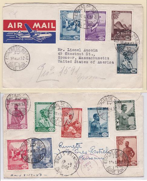 1141.jpg -     Lote:    1141            Guiné       Descrição:         1948 &mdash; Motivos da Guiné. Sobrescrito circulado registado de Bissau (10.03.52) para os EUA (17.03.52), com selos CE 248/259 (falta selo de 20$00 para estar completa a série). B.        Carta       Valor Base:     &euro; 22,00     Valor Venda:     Retirado     