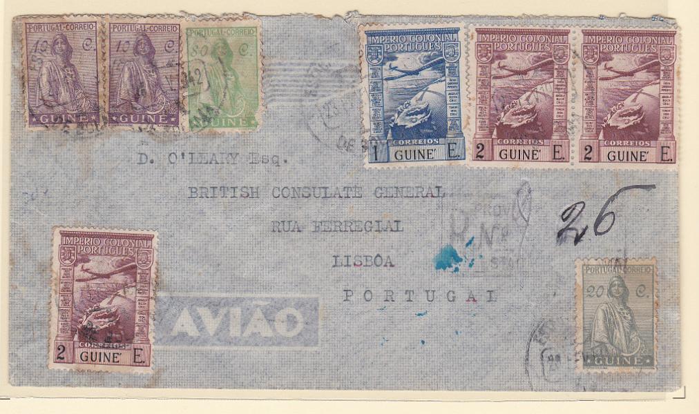 1143.jpg -     Lote:    1143            Guiné       Descrição:         1933/38 &mdash; Ceres, novo tipo + Império Colonial Português * Correio aéreo. Sobrescrito circulado registado de Bolama para Lisboa com selos de 10cx2, 20 e 80c CE206, 208 e 215 + selo de 1E e 3x2E CE CA4 e 5.        Carta       Valor Base:     &euro; 10,00     Valor Venda:     Retirado     