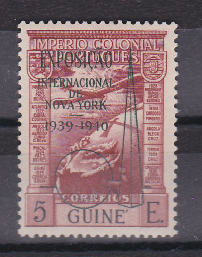 1145.jpg -     Lote:    1145            Guiné       Descrição:         1938 &mdash;Correio aéreo. Império Colonial Português, com sobrecarga"Exposição Internacional de Nova York 1939-1940". CE CA7A, 5E. Valor de catálogo &euro; 150,00.        **       Valor Base:     &euro; 30,00     Valor Venda:     &euro; 30,00       