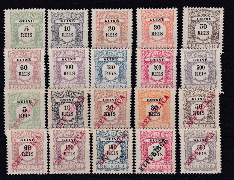 1146.jpg -     Lote:    1146            Guiné       Descrição:         1904/1911 &mdash; Emissão regular + idem, com sobrecarga REPUBLICA da Casa da Moeda. CE POR &frac12;0. As duas séries completas (a primeira sem goma, como emitida). Valor de catálogo &euro; 105,00.        **/*       Valor Base:     &euro; 20,00     Valor Venda:     &euro; 20,00       