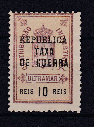 1148.jpg -     Lote:    1148            Guiné       Descrição:         1919 &mdash; Imposto Postal. Estampilha fiscal, com sobrecarga "REPUBLICA" e "TAXA / DE GUERRA". CE IP1, 10 reis. Valor de catálogo &euro; 150,00.        *       Valor Base:     &euro; 30,00     Valor Venda:     &euro; 30,00       