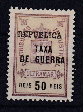 1149.jpg -     Lote:    1149            Guiné       Descrição:         1919 &mdash; Imposto Postal. Estampilha fiscal, com sobrecarga "REPUBLICA" e "TAXA / DE GUERRA". CE IP2, 50 reis. Valor de catálogo &euro; 150,00.        *       Valor Base:     &euro; 30,00     Valor Venda:     Retirado     