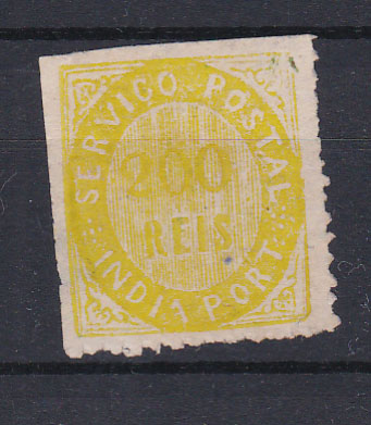 1158.jpg -     Lote:    1158            Índia       Descrição:         1871 &mdash; Nativos. Tipo II. CE12, 200 reis amarelo, papel espesso. Selo com grande transparência. Lote a ver. Valor de catálogo &euro; 530,00.        *       Valor Base:     &euro; 35,00     Valor Venda:     &euro; 170,00       