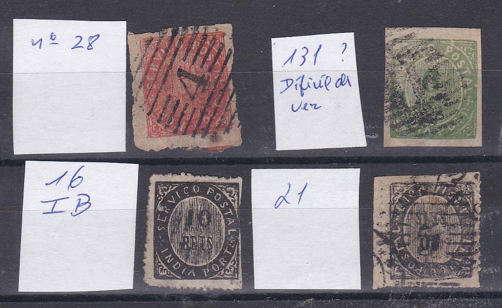 1160.jpg -     Lote:    1160            Índia       Descrição:         1873/1883 &mdash; Tipo Nativos. Lote de 4 selos usados: CE16, 10 reis + CE21 10 reis + CE 28, 20 reis + CE131. Valor de catálogo &euro; 144,00.        O       Valor Base:     &euro; 25,00     Valor Venda:     Retirado     