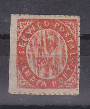 1161.jpg -     Lote:    1161            Índia       Descrição:         1873 &mdash; Nativos. Tipo IA. CE17, 20 reis laranja vermelho, papel azulado fino. Valor de catálogo &euro; 290,00.        **       Valor Base:     &euro; 65,00     Valor Venda:     &euro; 65,00       
