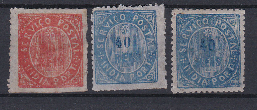 1175.jpg -     Lote:    1175            Índia       Descrição:         1877 &mdash; Nativos. Tipo IIIB. CE4&frac14;2. Lote com três selos: um de 20 reis + dois de 40 reis com diferentes tonalidades de cor. Todos em papel fino azulado. Valor de catálogo &euro; 93,00.        **       Valor Base:     &euro; 20,00     Valor Venda:     &euro; 20,00       