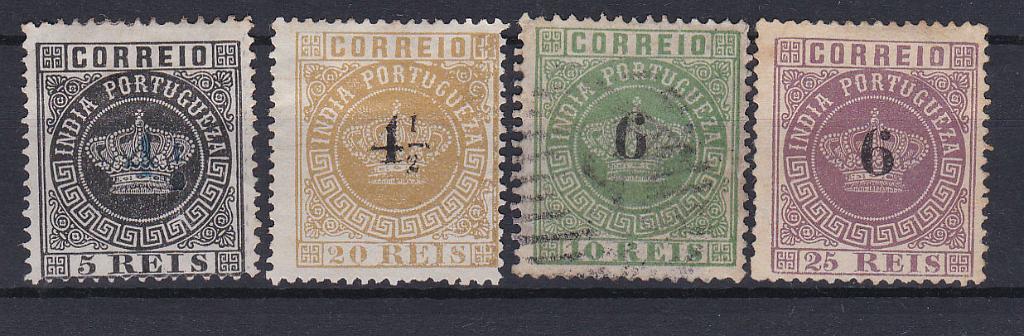 1190.jpg -     Lote:    1190            Índia       Descrição:         1881/83 &mdash; Tipo Coroa. Com sobretaxa. Lote de 4 selos: CE71, 4 &frac12; s/ 5 reis, novo, denteado 12 &frac12;, CE73, 4 &frac12; s/ 20 reis, novo, denteado 13 &frac12;, CE77, 6 s/ 10 reis, usado, denteado 12 &frac12; e CE80, 6 s/ 25 reis violeta, novo, denteado 13 &frac12;. Valor de catálogo &euro; 60,00.        */O       Valor Base:     &euro; 15,00     Valor Venda:     &euro; 15,00       