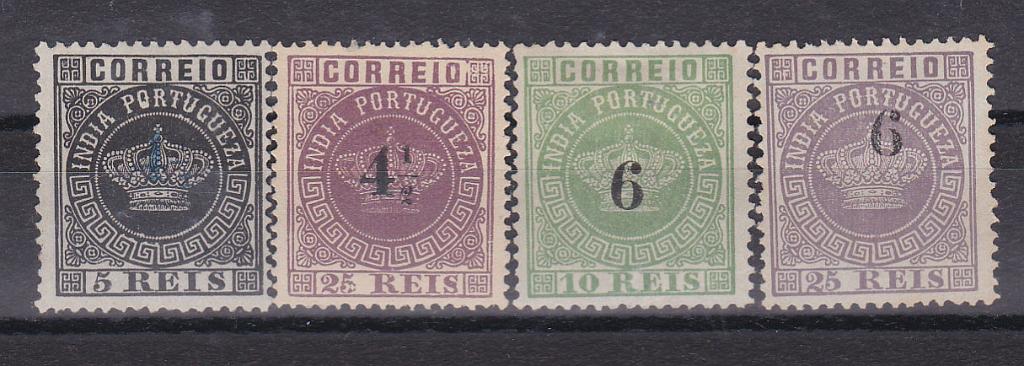 1191.jpg -     Lote:    1191            Índia       Descrição:         1881/83 &mdash; Tipo Coroa. Com sobretaxa. Lote de 4 selos: CE71, 4 &frac12; s/ 5 reis denteado 12 &frac12;, CE74, 4 &frac12; s/ 25 reis violeta denteado 13 &frac12;, CE77, 6 s/ 10 reis denteado 12 &frac12; e CE80 6 s/ 25 reis violeta, denteado 12 &frac12;. Valor de catálogo &euro; 93,00.        *       Valor Base:     &euro; 25,00     Valor Venda:     Retirado     