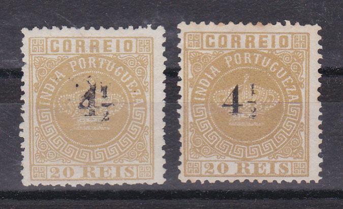 1192.jpg -     Lote:    1192            Índia       Descrição:         1881/83 &mdash; Tipo Coroa, com sobretaxa. CE73, 4 &frac12; s/ 20 reis bistre. Lote de dois selos em denteado 12 &frac12;, um com sobretaxa impressa e outro com sobretaxa manual (NÃO CATALOGADA).         *       Valor Base:     &euro; 30,00     Valor Venda:     &euro; 70,00       
