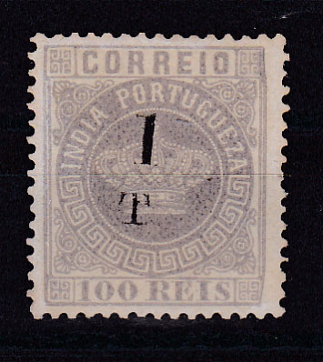1201.jpg -     Lote:    1201            Índia       Descrição:         1881/83 &mdash; Tipo Coroa. Com sobretaxa. CE92, 1T s/ 100 reis, denteado 12 &frac12;. Valor de catálogo &euro; 55,00.        *       Valor Base:     &euro; 15,00     Valor Venda:     &euro; 15,00       