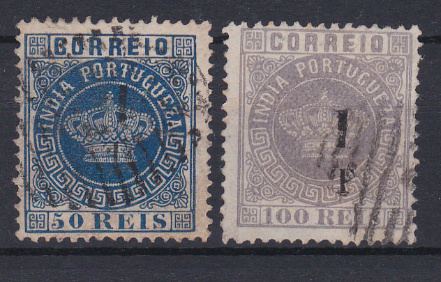 1202.jpg -     Lote:    1202            Índia       Descrição:         1881/83 &mdash; Tipo Coroa. Com sobretaxa. Lote com dois selos: CE91, 1T s/ 50 reis azul, denteado 12 &frac12; + CE92, 1T s/ 100 reis lilás, denteado 12 &frac12;. Valor de catálogo &euro; 78,00.        O       Valor Base:     &euro; 18,00     Valor Venda:     &euro; 18,00       