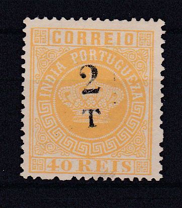 1205.jpg -     Lote:    1205            Índia       Descrição:         1881/83 &mdash; Tipo Coroa. Com sobretaxa. CE97, 2T s/ 40 reis amarelo, denteado 13 &frac12;. Valor de catálogo &euro; 80,00.        *       Valor Base:     &euro; 22,00     Valor Venda:     &euro; 48,00       