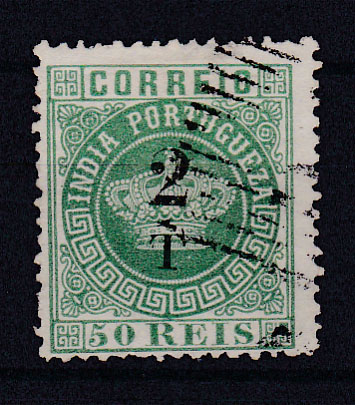 1206.jpg -     Lote:    1206            Índia       Descrição:         1881/83 &mdash; Tipo Coroa. Com sobretaxa. CE98, 2T s/ 50 reis verde azul, denteado 12 &frac12;. Ligeira transparência no bordo superior. Valor de catálogo &euro; 170,00.        O       Valor Base:     &euro; 30,00     Valor Venda:     &euro; 30,00       