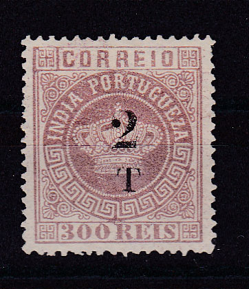 1210.jpg -     Lote:    1210            Índia       Descrição:         1881/83 &mdash; Tipo Coroa, com sobretaxa. CE102, 2T s/ 300 reis castanho, denteado 13 &frac12;. Valor de catálogo &euro; 90,00.        *       Valor Base:     &euro; 30,00     Valor Venda:     &euro; 44,00       