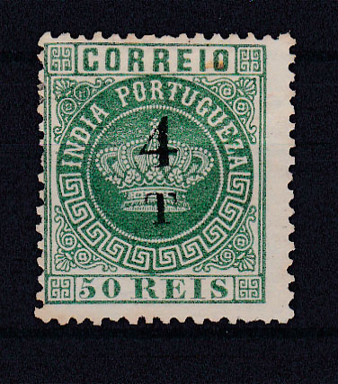 1211.jpg -     Lote:    1211            Índia       Descrição:         1881/83 &mdash; Tipo Coroa. Com sobretaxa. CE104, 4T s/ 50 reis verde azul, denteado 12 &frac12;. Valor de catálogo &euro; 50,00.        *       Valor Base:     &euro; 14,00     Valor Venda:     Retirado     