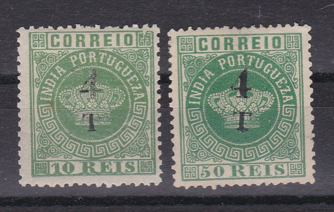 1212.jpg -     Lote:    1212            Índia       Descrição:         1881/83 &mdash; Tipo Coroa. Com sobretaxa. Lote de dois selos: CE103, 4T s/ 10 reis, denteado 13 &frac12; + CE104, 4T s/ 50 reis denteado 13 &frac12;. Valor de catálogo &euro; 77,00.        *       Valor Base:     &euro; 18,00     Valor Venda:     Retirado     
