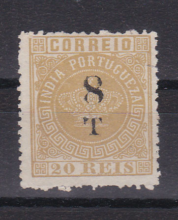 1214.jpg -     Lote:    1214            Índia       Descrição:         1881/83 &mdash; Tipo Coroa. Com sobretaxa. CE106, 8T s/ 20 reis, denteado 13 &frac12;. Valor de catálogo &euro; 110,00.        *       Valor Base:     &euro; 30,00     Valor Venda:     &euro; 95,00       