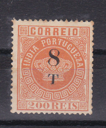 1215.jpg -     Lote:    1215            Índia       Descrição:         1881/83 &mdash; Tipo Coroa. Com sobretaxa. CE110, 8T s/ 200 reis, denteado 13 &frac12;. Valor de catálogo &euro; 80,00.        *       Valor Base:     &euro; 20,00     Valor Venda:     &euro; 20,00       
