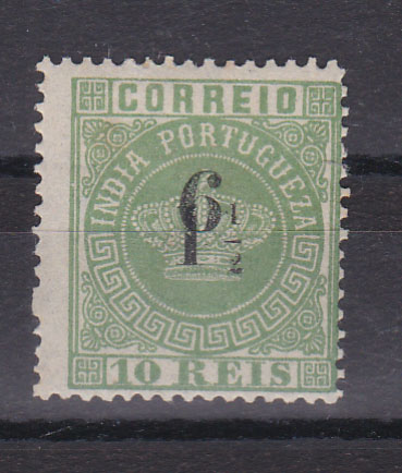 1217.jpg -     Lote:    1217            Índia       Descrição:         1881 &mdash; Tipo Coroa. Selos emissão sobretaxa, com nova sobretaxa. CE113, 6 s/ 1 &frac12; s/10 reis verde amarelo, denteado 12 &frac12;,. Valor de catálogo &euro; 250,00.        *       Valor Base:     &euro; 100,00     Valor Venda:     &euro; 440,00       