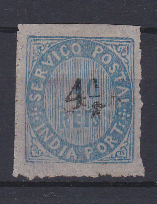 1221.jpg -     Lote:    1221            Índia       Descrição:         1883 &mdash; Nativos. Com sobretaxa em moeda local. CE123, 4 &frac12; s/ 40 reis, tipo IIB, papel fino azulado. Valor de catálogo &euro; 70,00.        **       Valor Base:     &euro; 20,00     Valor Venda:     Retirado     