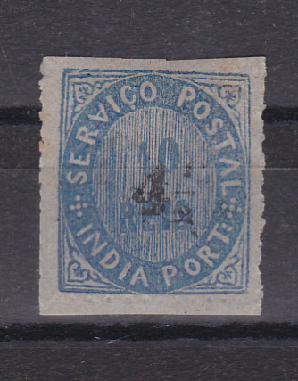 1222.jpg -     Lote:    1222            Índia       Descrição:         1883 &mdash; Nativos, com sobretaxa em moeda local. CE123, 4 &frac12; s/ 40 reis azul, papel azulado fino, tipo IIB. Valor de catálogo &euro; 70,00.        **       Valor Base:     &euro; 15,00     Valor Venda:     &euro; 26,00       